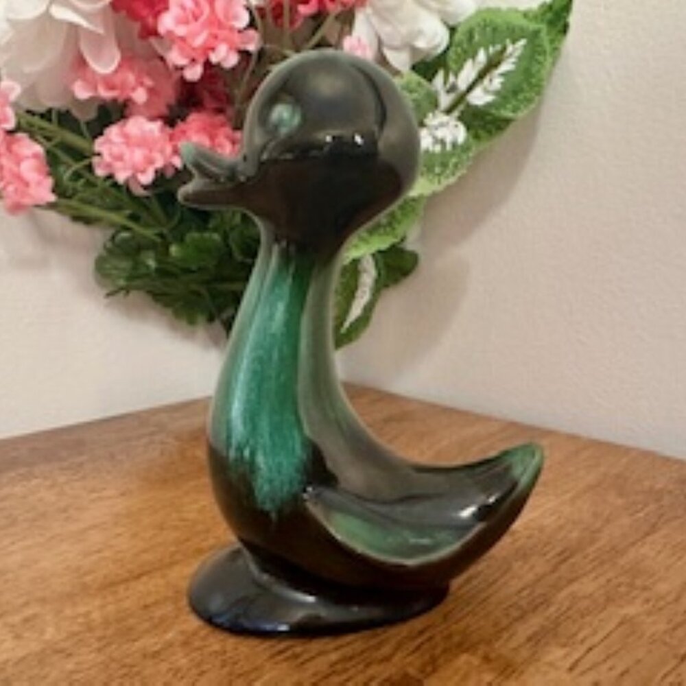 Blue Mountain Pottery Duck Figurine Green Black Drip Glaze Canadian Vintage MCM‎